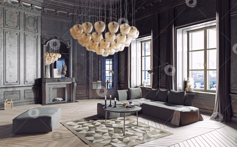 Скачать 3d-рендеринг роскошной эклектичной гостиной с темными классическими панелями и современной мебелью фотосток Ozero