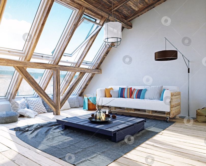 Скачать 3d-рендеринг современной мансардной гостиной в деревенском стиле. Уютный интерьер в стиле лофт с большими мансардными окнами фотосток Ozero