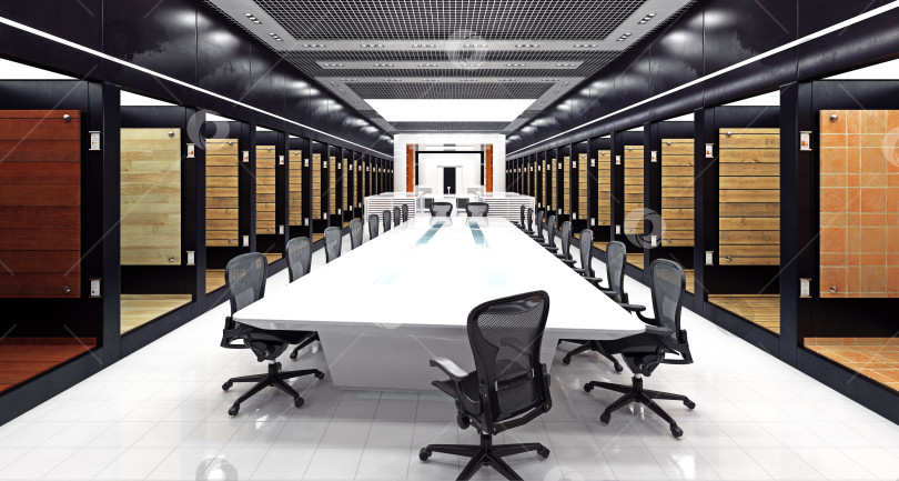 Скачать 3d-визуализация современного интерьера демонстрационного зала. Конференц-зал с образцами дерева и плитки фотосток Ozero