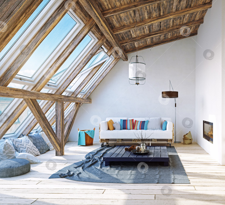 Скачать 3d-рендеринг гостиной в мансарде в деревенском стиле. Современный и яркий домашний интерьер с деревянными балками фотосток Ozero