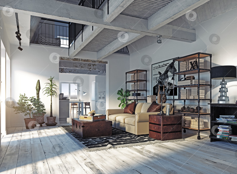 Скачать Современный интерьер лофт-квартиры в индустриальном стиле с мебелью в деревенском стиле и выступающими балками фотосток Ozero
