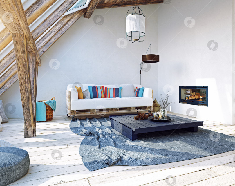 Скачать Современная гостиная в мансарде в деревенском стиле с камином. 3d-рендеринг уютного домашнего интерьера с деревянными балками фотосток Ozero
