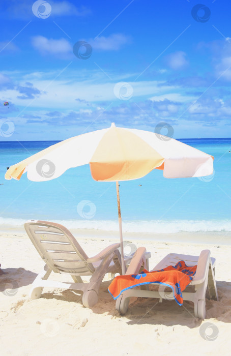 Скачать Пляж, лежаки и синее небо на берегу океана фотосток Ozero
