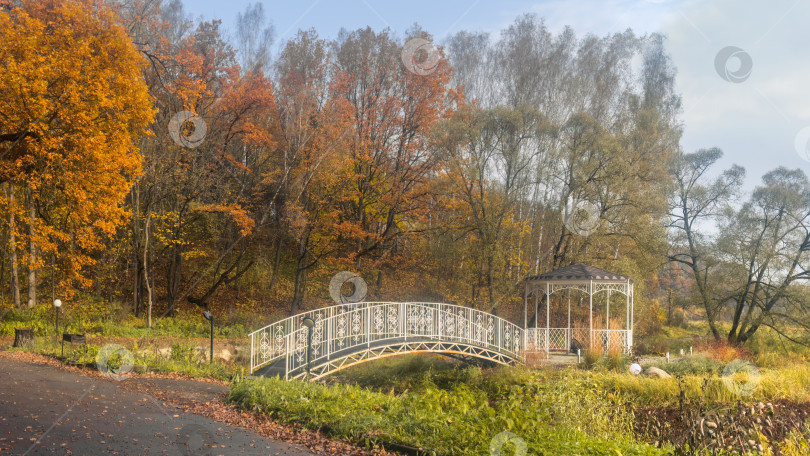 Скачать Белый мостик к беседке в городском парке на фоне осенних пейзажей. фотосток Ozero