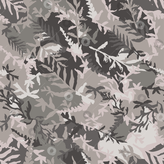 Скачать Камуфляж с листьями и веточками, бесшовный рисунок от руки, печать на ткани. Текстура тропического камуфляжа с ботаническим мотивом. Цветочный фон, нарисованный кистью в стиле гранж. Векторный принт на обоях фотосток Ozero