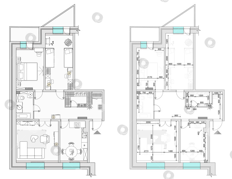 Скачать Архитектурный обмерный план квартиры и поэтажный план расстановки мебели, вид сверху. Векторный интерьер дома, вид сверху фотосток Ozero