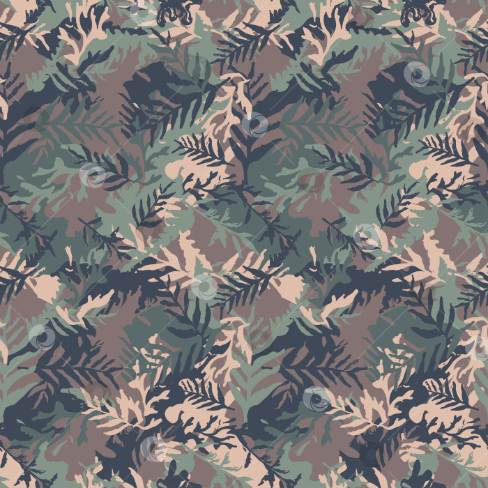 Скачать Камуфляж ручной работы с бесшовным рисунком в виде листьев. Зеленый камуфляж в стиле гранж с ветвями и травами. Обои с потертой текстурой. Векторный фон фотосток Ozero