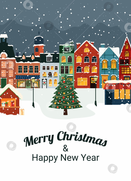 Скачать Рождественская открытка с зимним пейзажем, украшенной елкой и домиками. Зимний город фотосток Ozero