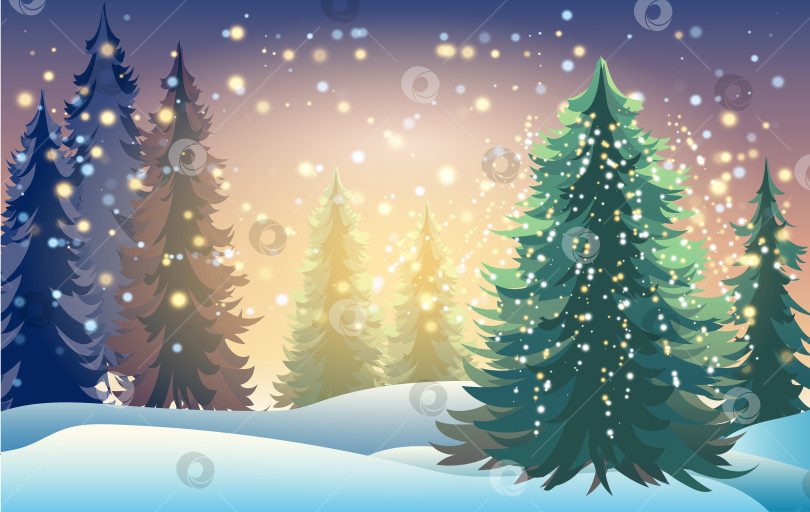 Скачать Безмятежный зимний лес с высокими вечнозелеными деревьями, покрытыми снегом и освещенными мягкими искрящимися огнями. Эта сцена передает красоту сумерек, создавая умиротворяющую атмосферу фотосток Ozero
