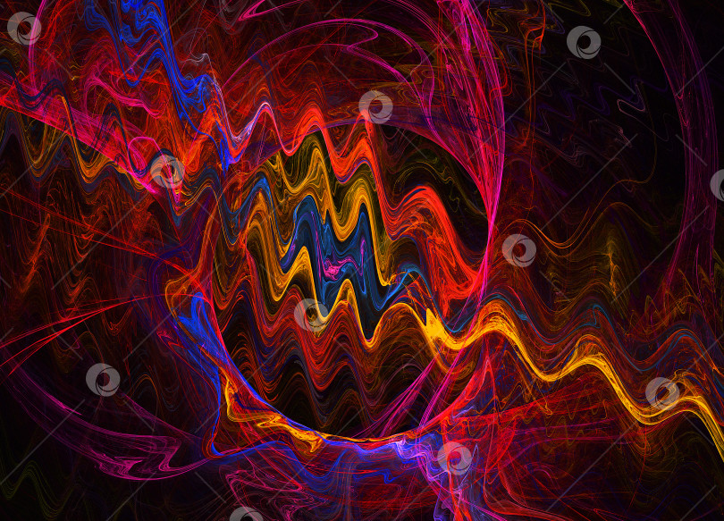 Скачать Абстрактный цветной волнистый фон. Красные, желтые, синие и фиолетовые волнистые линии и завитки на черном фоне. 3D-рендеринг. 3D-иллюстрация. фотосток Ozero