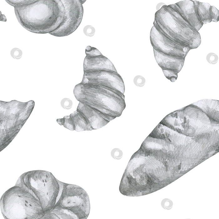 Скачать Круассан, батон и свежий хлеб с монохромным бесшовным рисунком, выполненным карандашом. Рисованный клипарт для выпечки, меню кафе, текстиля и дизайна тканей. фотосток Ozero