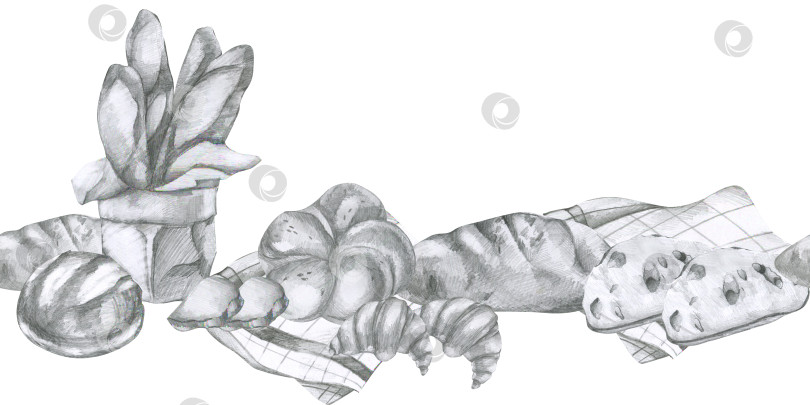 Скачать Свежая хрустящая выпечка с бесшовной каймой. Нарисованный от руки карандашом баннер с багетом, буханкой хлеба, круассаном на белом клетчатом полотенце, графическая иллюстрация для упаковки, дизайн обоев фотосток Ozero