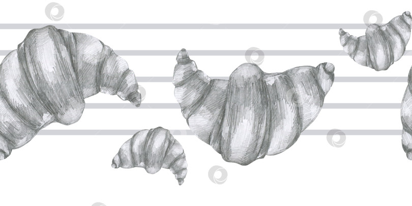 Скачать Карандашная графика на круассанах с бесшовной каймой. Черно-белая графика с гравировкой от руки в серую полоску и свежими кондитерскими изделиями для упаковки, обоев, меню кафе и пекарен, оформления открыток. фотосток Ozero