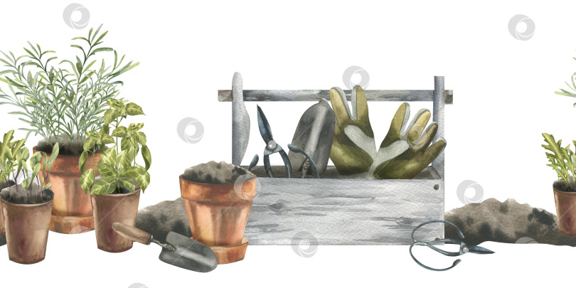 Скачать Акварель в стиле эко-садоводства с бесшовным бордюром из домашних трав, базилика, розмарина, цветочных горшков и инструментов в деревянной кадке. Нарисованный от руки клипарт из жизни в деревенском стиле для зеленого текстильного дизайна для хобби. фотосток Ozero