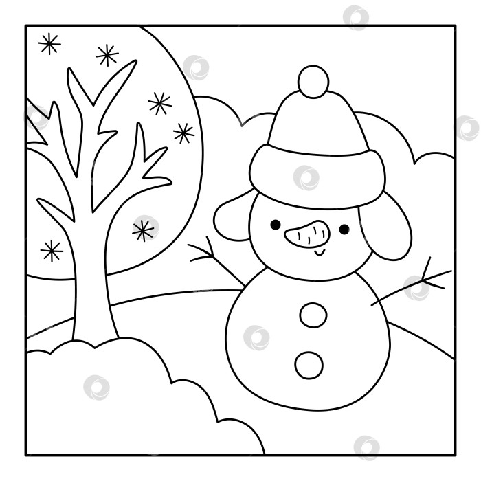 Скачать Векторный черно-белый квадратный рождественский деревенский пейзаж. Новогодняя ночная сцена со снеговиком, елкой, снежным полем. Праздничный фон для зимних праздников, раскраска для детей фотосток Ozero