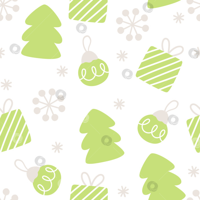 Скачать Векторный рождественский бесшовный узор. Новогодний фон с елкой, подарками, снежинками, шариками. Симпатичная праздничная цифровая бумага для детей. Текстура зимнего праздника с традиционными символами фотосток Ozero