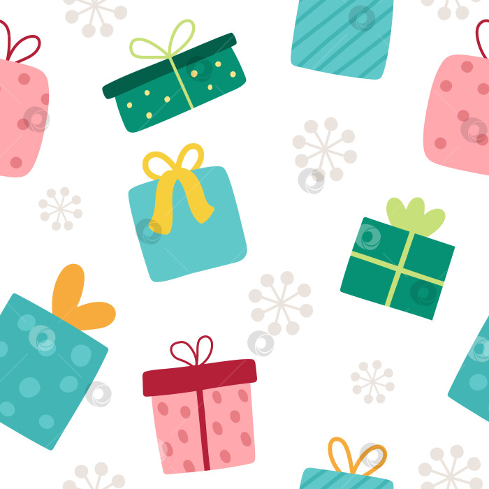 Скачать Векторный рождественский бесшовный узор. Новогодний фон повторяется с подарочными коробками, снежинками. Симпатичная праздничная цифровая бумага для детей. Текстура зимнего праздника с традиционным символом фотосток Ozero
