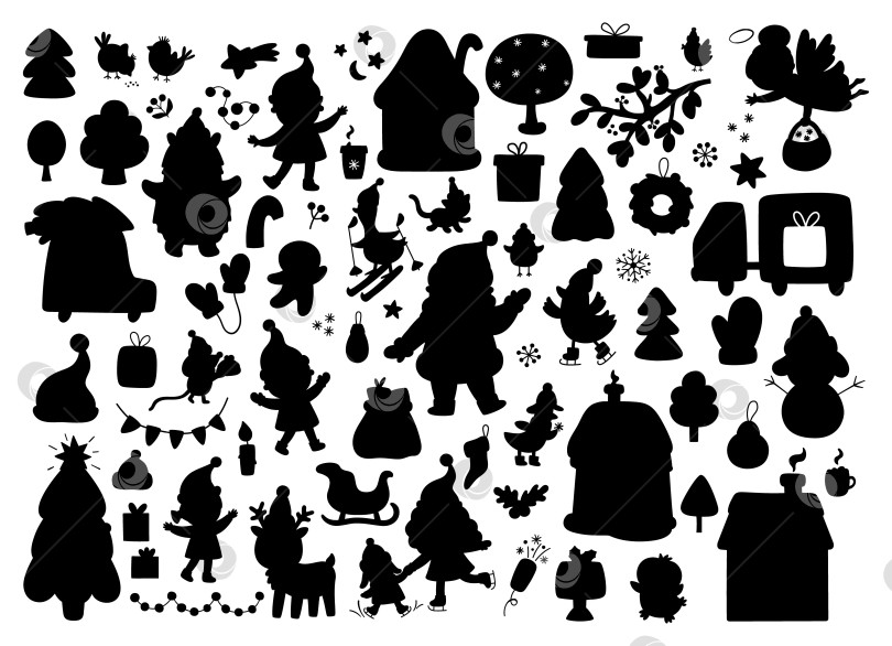 Скачать Набор векторных клипартов с рождественскими силуэтами. Коллекция новогодних черных иконок с Санта-Клаусом, эльфами, оленями, елкой, подарками, домиками, животными, снеговиком. Милые праздничные иллюстрации для детей. Дизайн для зимних праздников фотосток Ozero