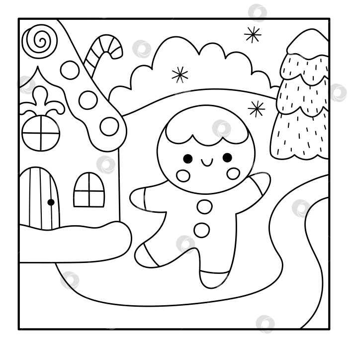 Скачать Векторный черно-белый квадратный рождественский деревенский пейзаж. Новогодняя сценка с пряничным человечком и домиком, елкой, снежинками. Фон для зимних праздников, раскраска для детей фотосток Ozero