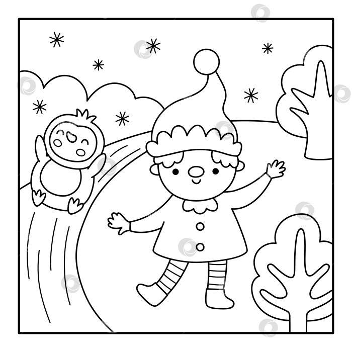 Скачать Векторный черно-белый квадратный рождественский деревенский пейзаж. Новогодняя ночная сцена с эльфом и пингвином, катящимися вниз по склону. Раскраска для детей "Зимние каникулы" с гномьим скользящим склоном фотосток Ozero