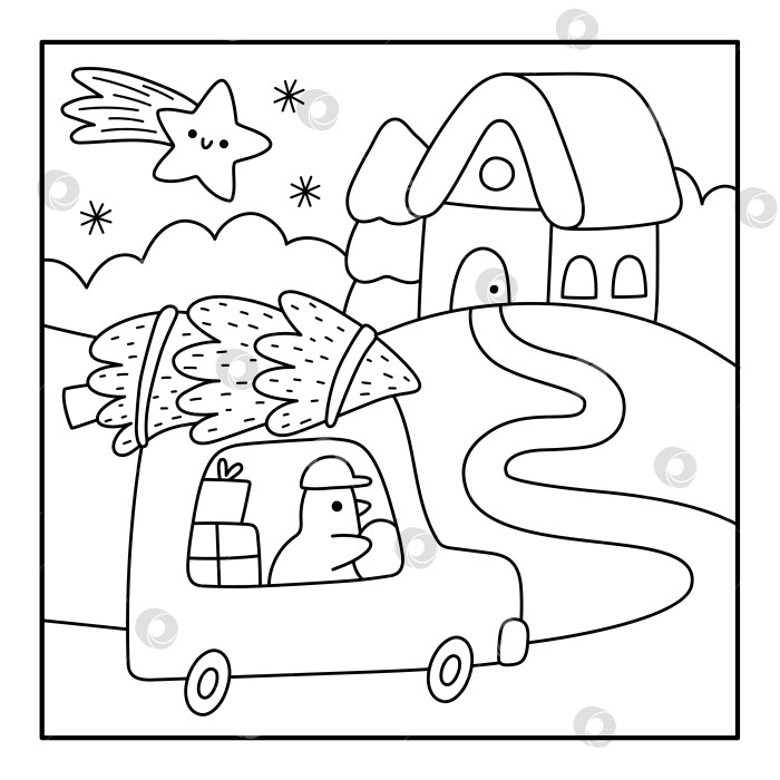 Скачать Векторный черно-белый квадратный рождественский деревенский пейзаж. Новогодняя ночная сцена с птицей, возвращающейся домой с елкой и подарками. Раскраска для детей "Праздничный зимний праздник" фотосток Ozero