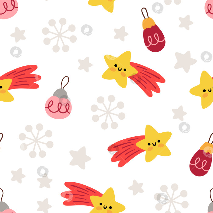 Скачать Векторный рождественский бесшовный узор. Новогодний фон повторяется с падающими звездами, снежинками, цветными шарами. Симпатичная праздничная цифровая бумага для детей. Текстура зимнего праздника с традиционными символами фотосток Ozero
