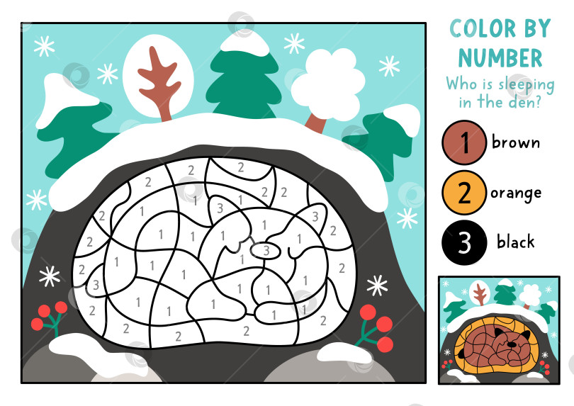 Скачать Векторная рождественская раскраска по номерам с бурым медведем, спящим в своей берлоге на цветном фоне. Зимние праздничные черно-белые игры по счету или раскрашиванию. Новогодняя раскраска для детей фотосток Ozero