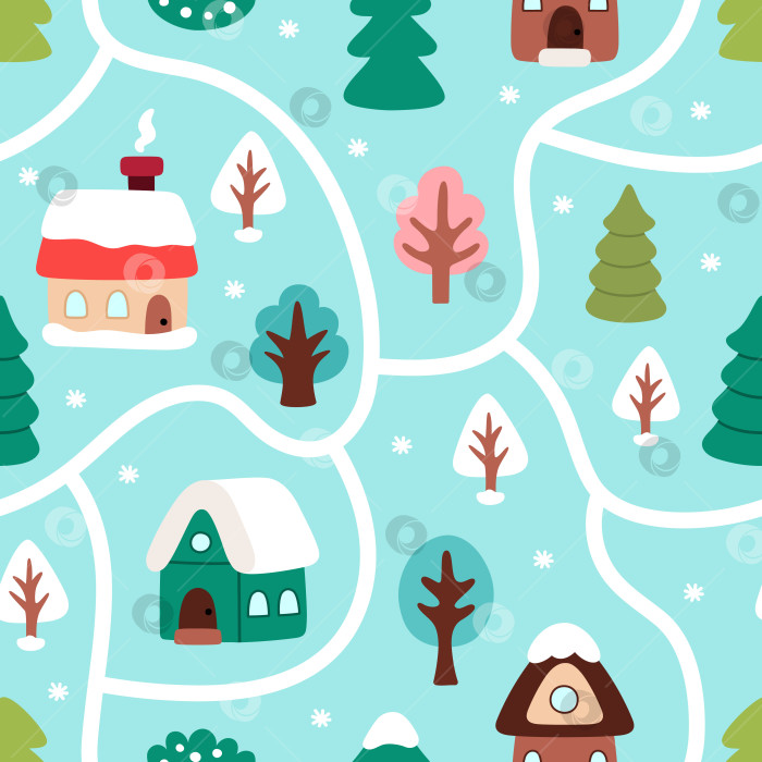 Скачать Векторный новогодний бесшовный узор. Повторите фон с картой рождественской деревни. Симпатичная праздничная цифровая бумага для детей. Текстура зимнего праздника с белой дорогой, тропинкой, домом, деревьями, снежинками фотосток Ozero