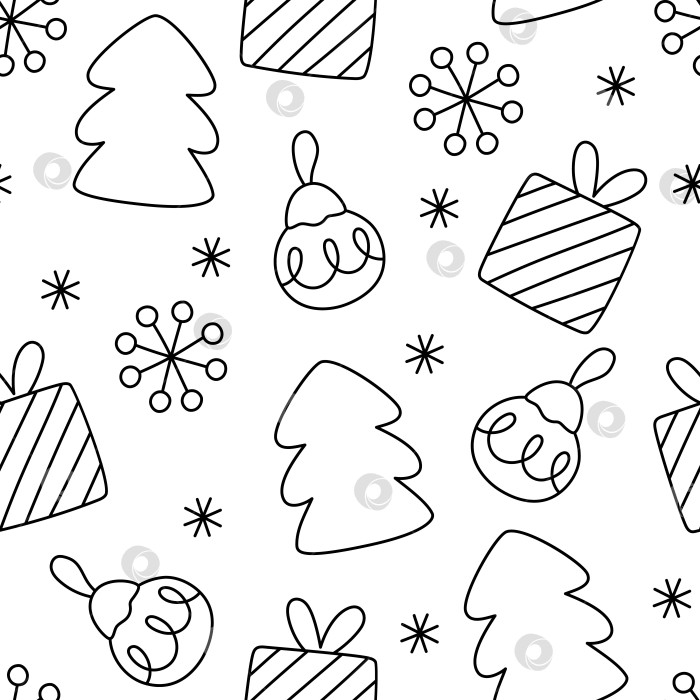 Скачать Векторный черно-белый рождественский бесшовный узор. Фон, повторяющий новогоднюю линию, с елкой, подарками, снежинками, шариками. Раскраска, цифровая бумага для детей. Текстура зимнего праздника фотосток Ozero