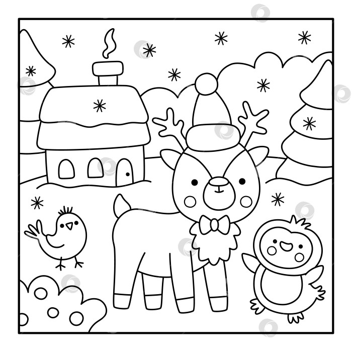 Скачать Векторный квадратный черно-белый рождественский деревенский пейзаж. Новогодняя ночная сцена с оленями, пингвинами и птицами, стоящими возле дома Санта-Клауса. Раскраска для детей "Зимние каникулы" фотосток Ozero