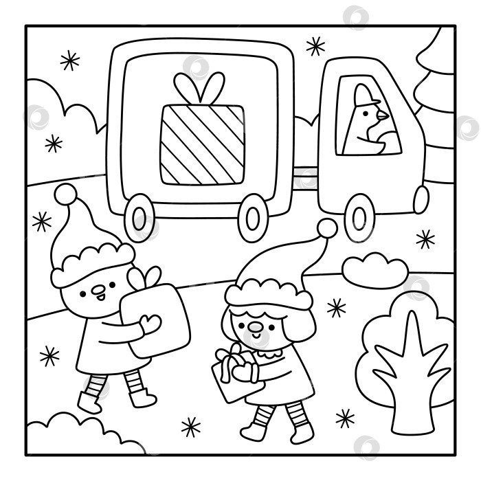 Скачать Векторный черно-белый квадратный рождественский деревенский пейзаж. Новогодняя ночная сцена с эльфами, загружающими грузовик подарками. Праздничная раскраска для зимних праздников для детей с подарками, автомобилем фотосток Ozero