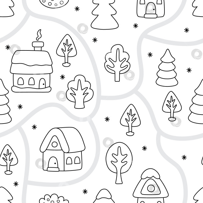 Скачать Векторный черно-белый новогодний бесшовный узор. Повторяющийся фон с картой рождественской деревни. Симпатичная праздничная цифровая бумага для детей. Раскраска для зимних праздников с изображением дороги, тропинки, дома, деревьев фотосток Ozero