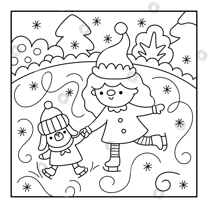 Скачать Векторный черно-белый квадратный рождественский деревенский пейзаж. Сцена новогодней ночи с маленькой собачкой. Раскраска для детей "Зимние каникулы" с девочкой-эльфом, которая учит щенка кататься на коньках на катке фотосток Ozero