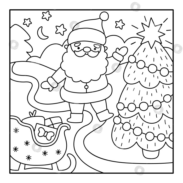 Скачать Векторный черно-белый квадратный рождественский деревенский пейзаж. Новогодняя ночная сцена с Санта-Клаусом, елкой, санями с подарками. Фон для зимних праздников, раскраска для детей фотосток Ozero