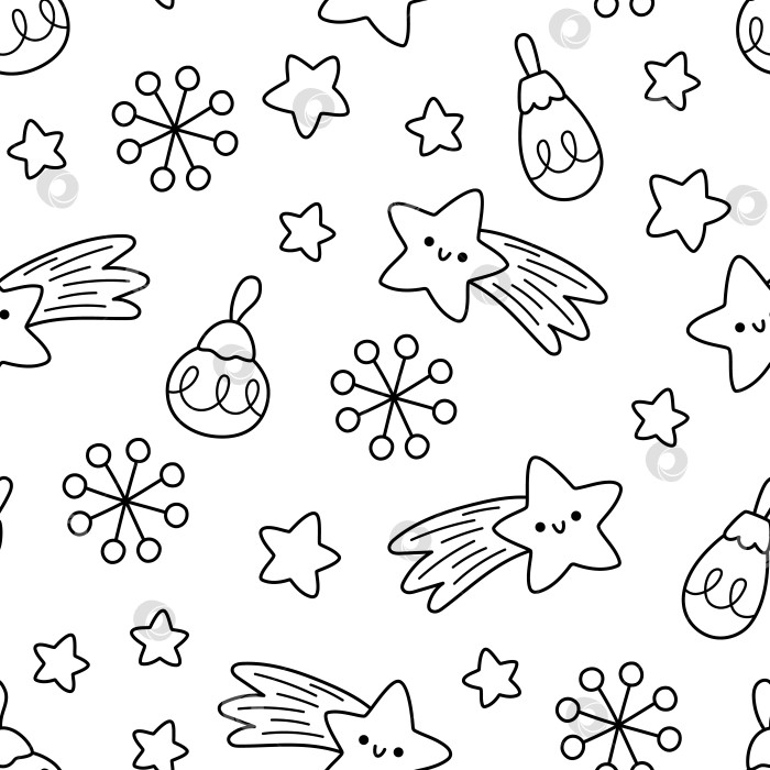 Скачать Векторный черно-белый рождественский бесшовный узор. Фон с повторяющимися новогодними линиями с падающими звездами, снежинками, цветными шарами. Раскраска из цифровой бумаги для детей. Текстура зимнего праздника фотосток Ozero