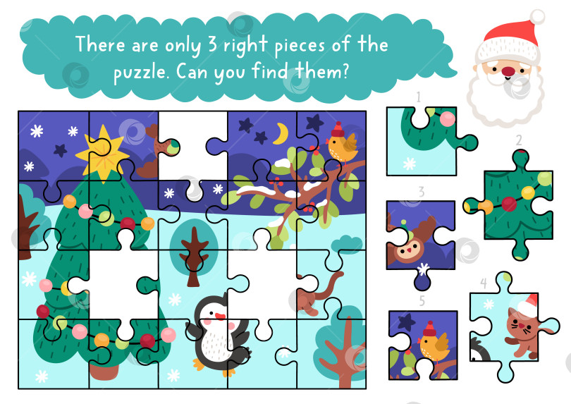 Скачать Задание на логическое сопоставление в рождественской деревне с ночной сценой с пингвином, украшенной елкой. Новогодняя игра, рабочий лист для печати. Страница с подбором элементов для зимних праздников. Найдите недостающий фрагмент головоломки фотосток Ozero