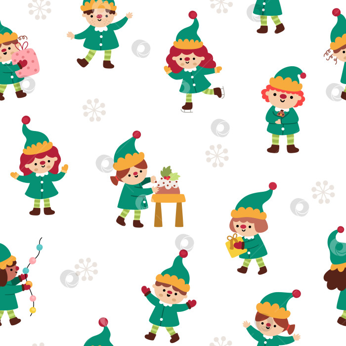 Скачать Векторный рождественский бесшовный узор. Новогодний фон с эльфами в зеленой одежде. Симпатичная праздничная цифровая бумага для детей. Текстура зимнего праздника с традиционными персонажами фотосток Ozero