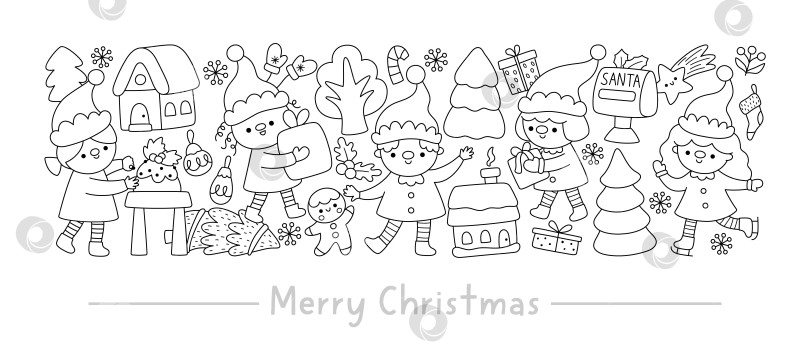 Скачать Векторная черно-белая горизонтальная рождественская рамка с изображением милого зимнего праздничного персонажа. Дизайн шаблона новогодней открытки или раскраски с эльфами, подарками, деревьями, домиком, пряничным человечком фотосток Ozero