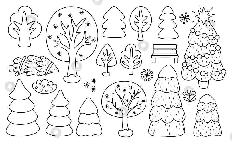 Скачать Набор векторных черно-белых клипартов с зимними елками. Коллекция рождественских елок Cute line. Новогодние заснеженные растения и картинки природы для детей. Иллюстрация парка отдыха, раскраска с елями фотосток Ozero