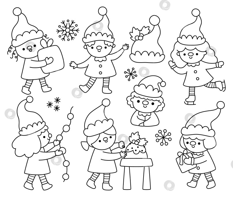 Скачать Набор векторных черно-белых рождественских клипартов с изображением эльфов. Коллекция иконок линии "Новогодние эльфы" с милыми фантастическими существами. Праздничные иллюстрации гномов для зимних праздников, раскраска для детей фотосток Ozero