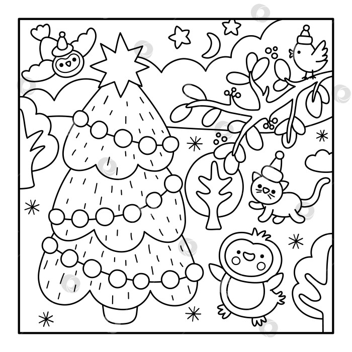 Скачать Векторный черно-белый квадратный рождественский деревенский пейзаж. Новогодняя ночная сцена с пингвином, деревом, птицей на ветке, котом в шапке Санта-Клауса. Раскраска для детей "Праздничный зимний праздник". фотосток Ozero