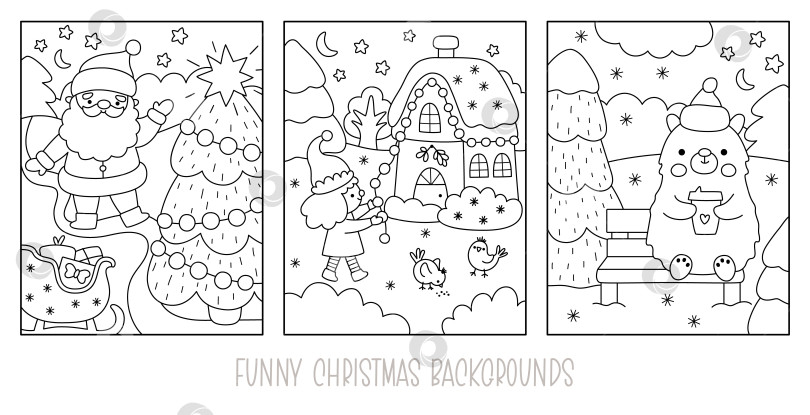 Скачать Набор векторных черно-белых вертикальных рождественских деревенских пейзажей. Коллекция новогодних сюжетов с Санта-Клаусом, эльфом, белым медведем. Праздничные фоны для зимних праздников или набор раскрасок для детей фотосток Ozero