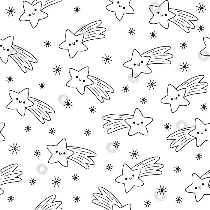 Скачать Векторный черно-белый рождественский бесшовный узор. Фон, повторяющий новогоднюю линию, с падающими звездами и снежинками. Раскраска из цифровой бумаги для детей с концепцией праздничной ночи. Зимняя текстура фотосток Ozero