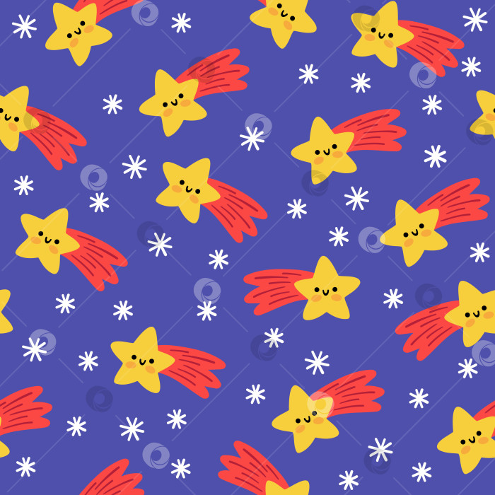 Скачать Векторный рождественский бесшовный узор. Новогодний фон повторяется с падающими звездами и снежинками. Симпатичная цифровая бумага для детей с концепцией праздничной ночи. Зимняя текстура с традиционными символами фотосток Ozero