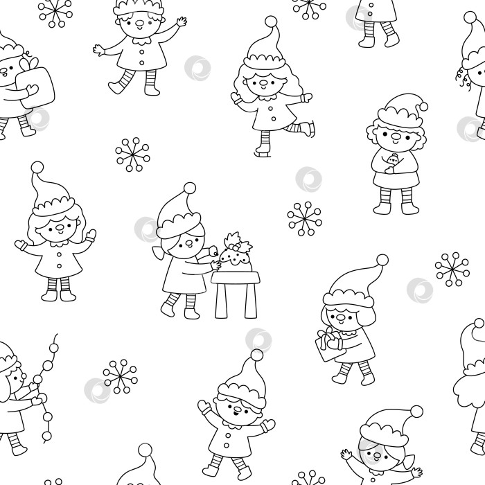 Скачать Векторный черно-белый рождественский бесшовный узор. Фон, повторяющий новогоднюю линию, с эльфами. Симпатичная праздничная цифровая бумага для детей. Раскраска для зимних праздников с традиционными персонажами фотосток Ozero