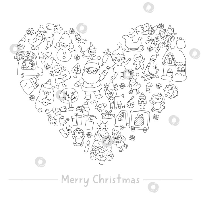 Скачать Векторная черно-белая рождественская рамка в форме сердца с оленем, украшенной елкой, эльфом. Дизайн новогодней открытки для баннера, приглашения. Иллюстрация к зимним праздникам, раскраска с Сантой фотосток Ozero