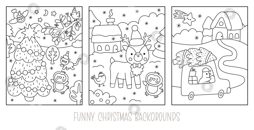 Скачать Набор векторных черно-белых вертикальных рождественских деревенских пейзажей. Коллекция новогодних сюжетов с животными и птицами. Фоны для зимних праздников или набор раскрасок для детей фотосток Ozero