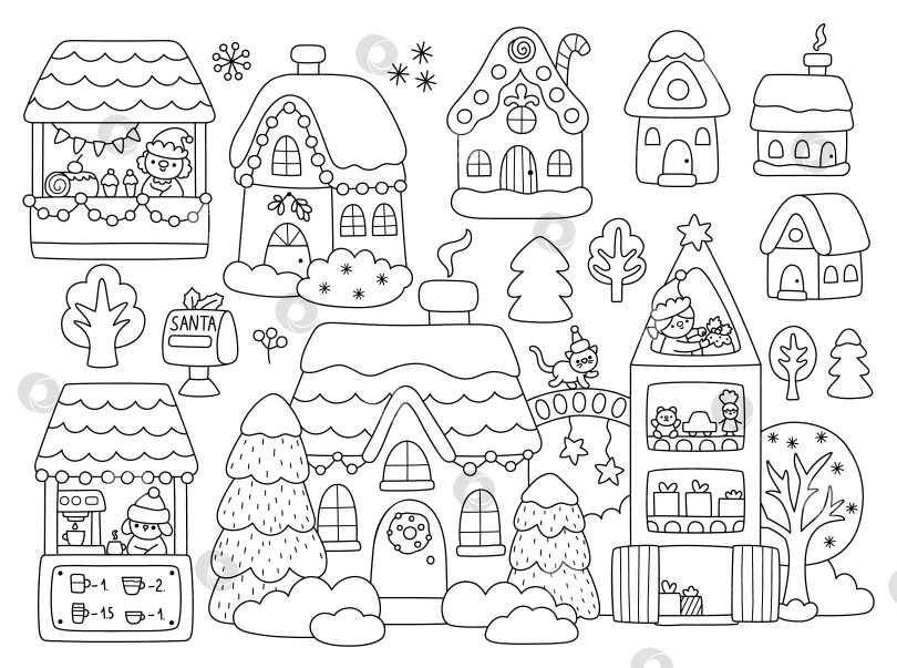 Скачать Набор векторных рождественских черно-белых клипартов для дома. Коллекция новогодних зимних иконок для дома Cute line для детей. Праздничная иллюстрация, раскраска с пряничным домиком, ярмаркой, игрушечной тканью Санта-Клауса фотосток Ozero