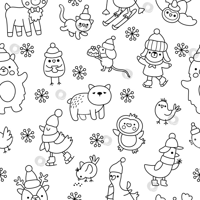 Скачать Векторный черно-белый рождественский бесшовный узор. Фон, повторяющий новогоднюю линию, с праздничными животными. Симпатичная праздничная цифровая бумага для детей с пингвином, оленем, медведем. Зимняя раскраска фотосток Ozero