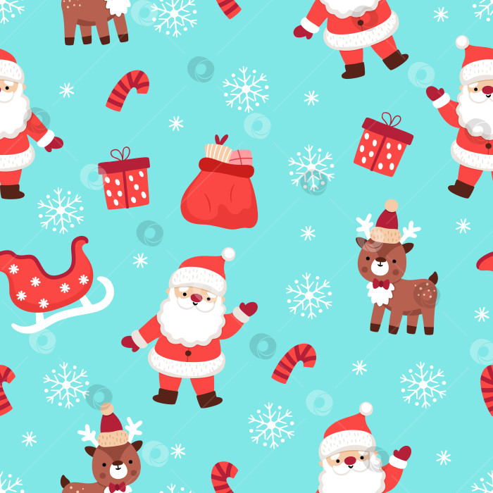 Скачать Векторный рождественский бесшовный узор. Новогодний фон с изображением Санта-Клауса, оленей, саней. Симпатичная праздничная цифровая бумага для детей. Текстура зимнего праздника с традиционными персонажами фотосток Ozero